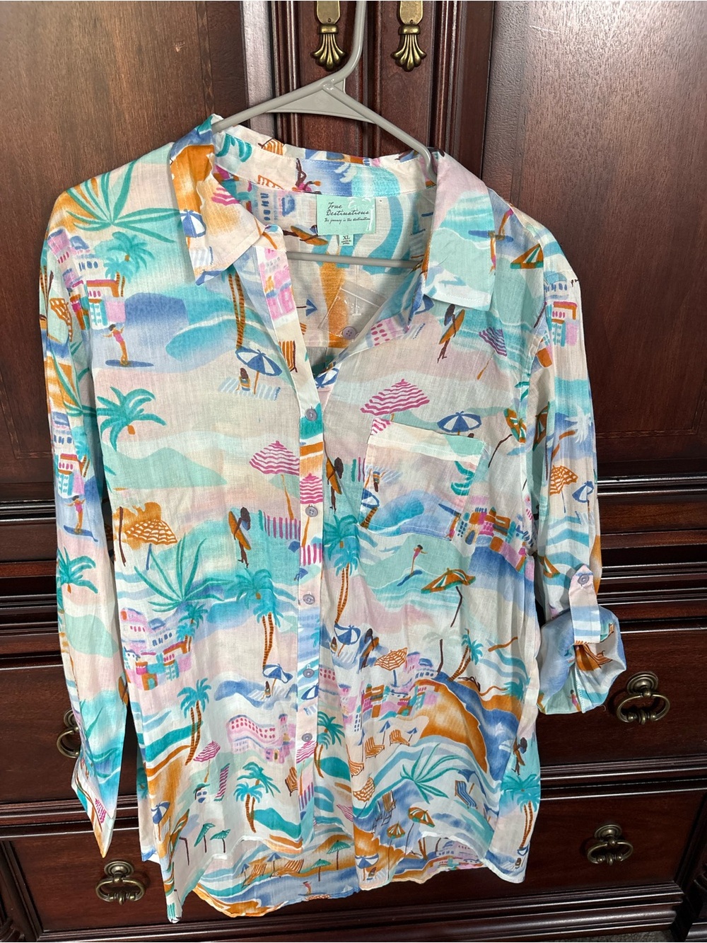 Tropical Beach Print Lightweight Button-Up Shirt